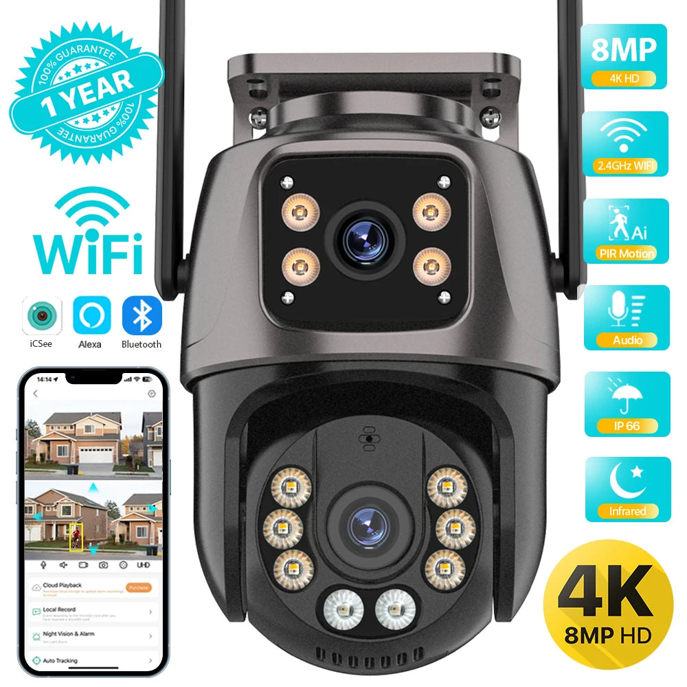 Caméra WiFi PTZ 8MP — Double Objectif, Suivi IA & Vision Nocturne Couleur
